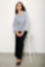 Thumbnail: Johnny Collar Top with blue stripes  3/4th sleeves sitting on stool
