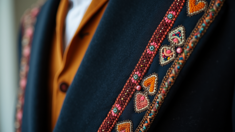Close-up of a tailored blazer with ethnic embroidery detail