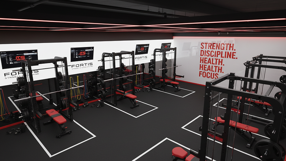 High angle view of a modern fitness studio with personalized training stations