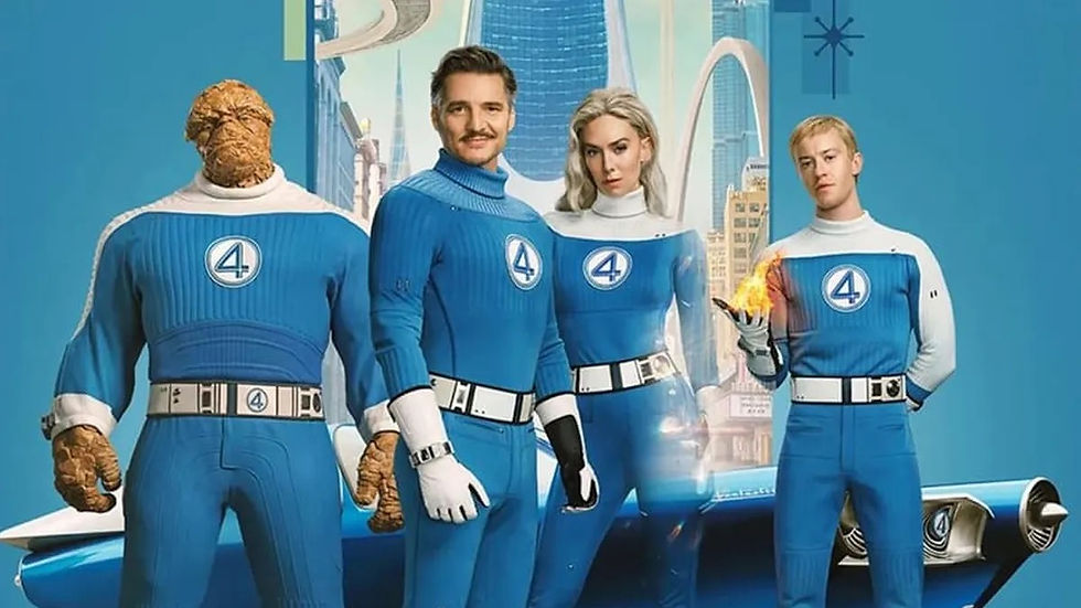 Four people in blue superhero suits with "4" logos stand in front of a futuristic cityscape. One holds a small flame in hand. Mood is heroic.