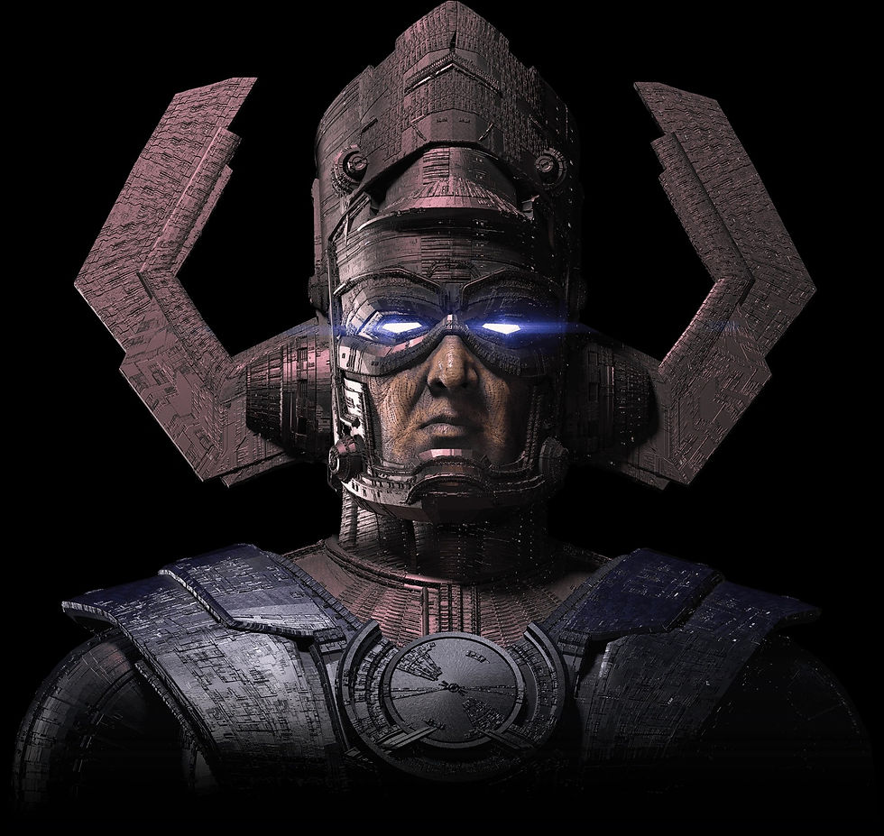 Galactus with glowing blue eyes, wearing a helmet with large angular designs on sides. Dark, textured metal suit against a black background.
