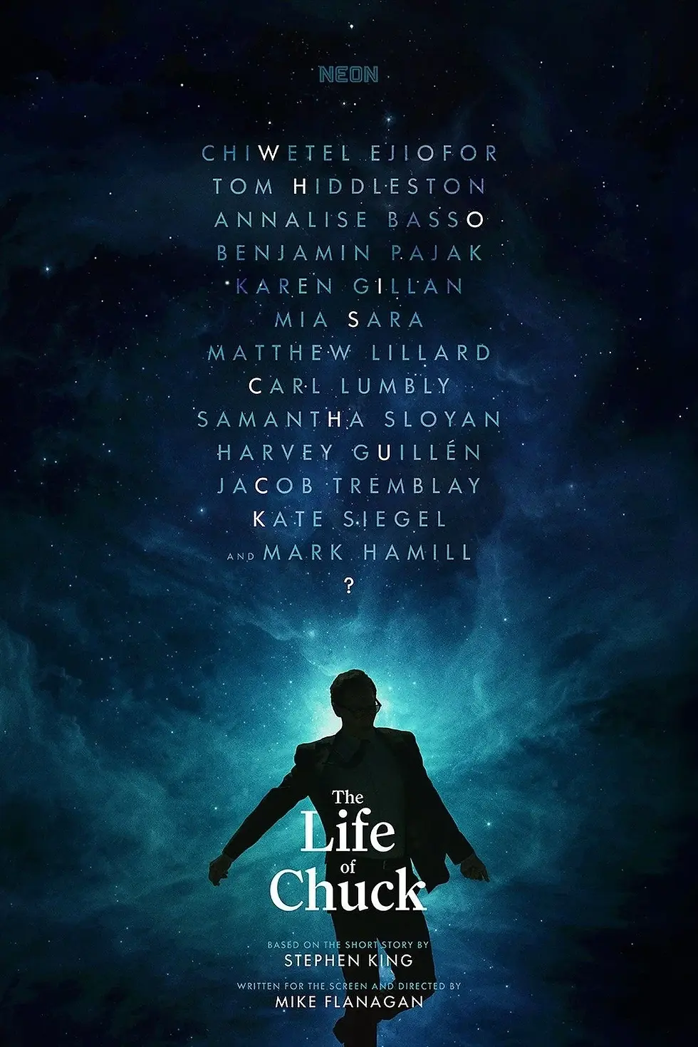 Life of Chuck theatrical poster. Blue galaxy in behidn a silhouetted Tom Hiddleston.