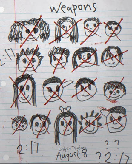 Poster for Weapons, features chidlren drawings of faces that are crossed out. Question marks and 2:17 appear.