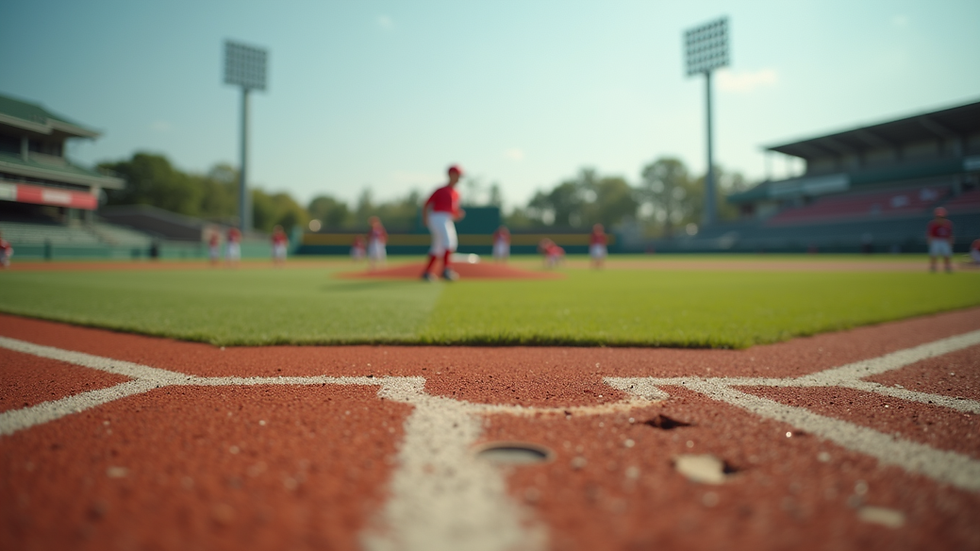 Eye-level view of a baseball field with young players practicing