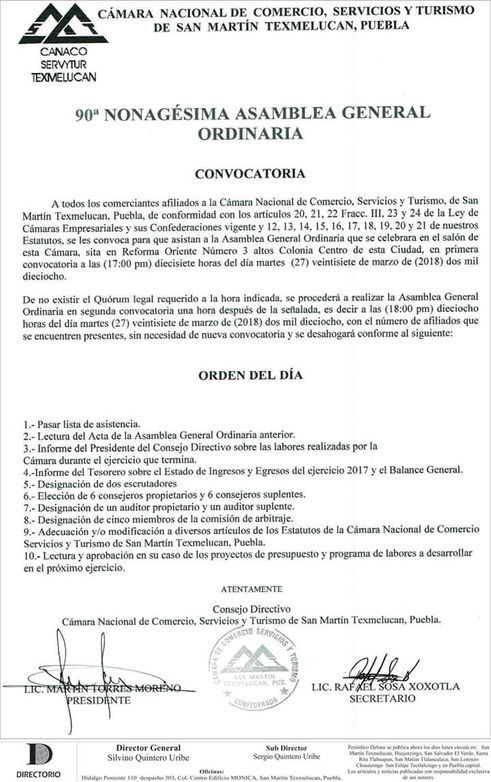 ¡Atención! Canaco convoca a sus agremiados de Texmelucan