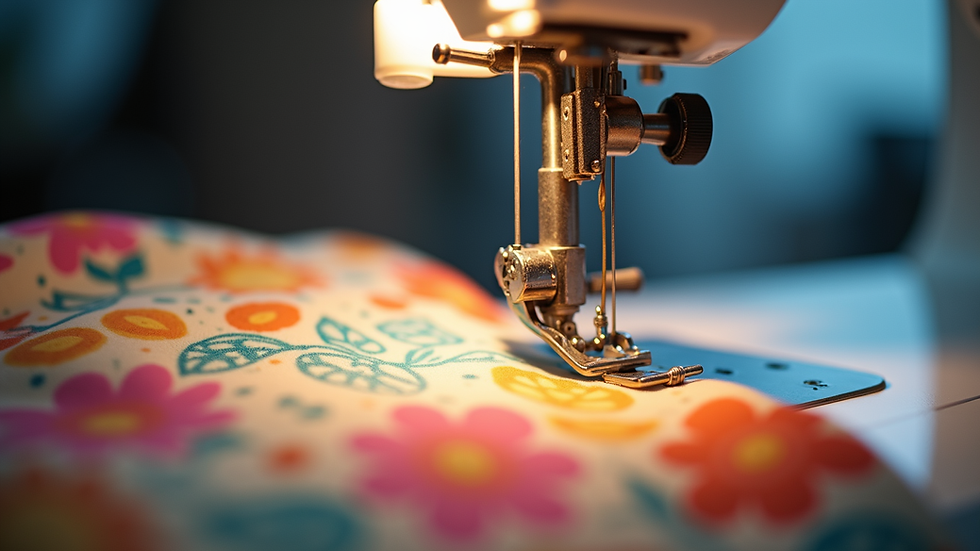 Eye-level view of a sewing machine stitching colorful fabric