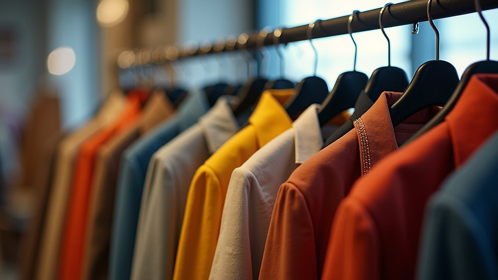 Eye-level view of a clothing rack with colorful remade jackets