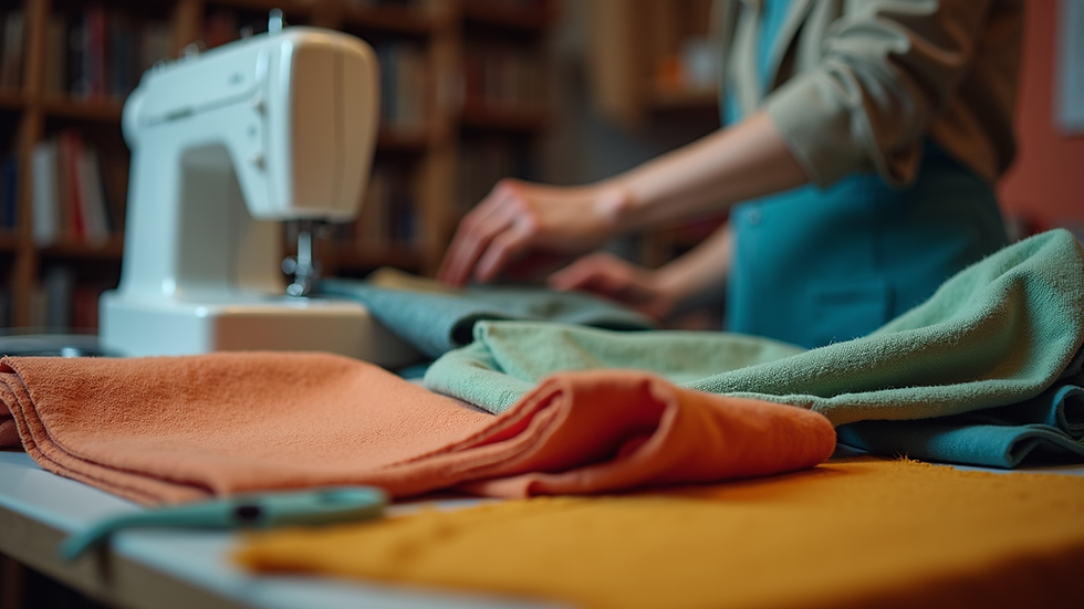 Eye-level view of a tailor's workspace with colorful fabrics and sewing tools