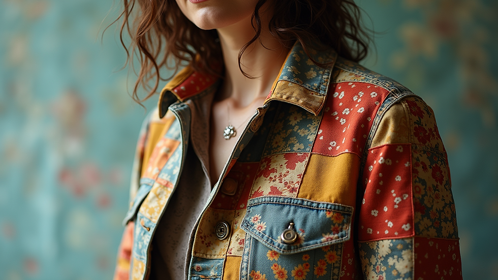 Close-up view of a patchwork jacket made from vintage fabrics