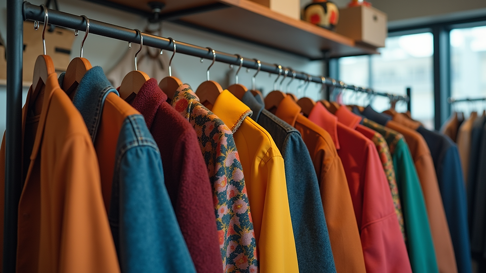 Eye-level view of a clothing rack featuring patchwork jackets with vibrant colors
