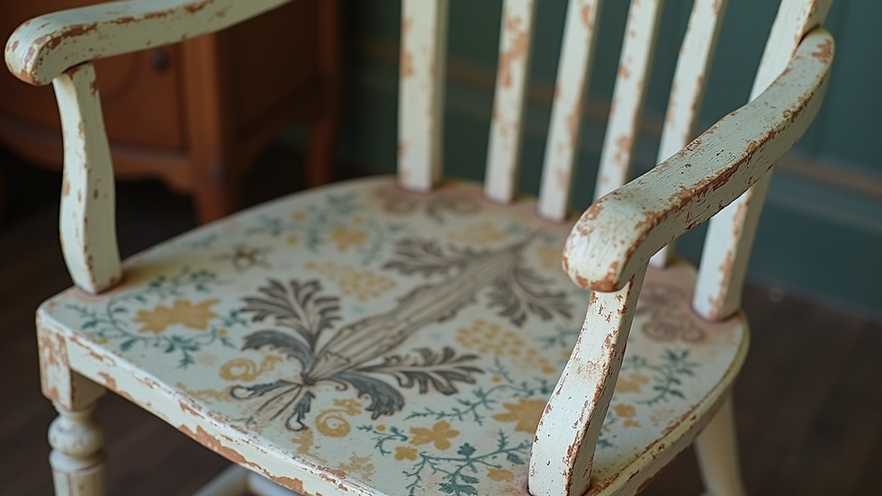Close-up view of a freshly painted vintage chair with artistic patterns