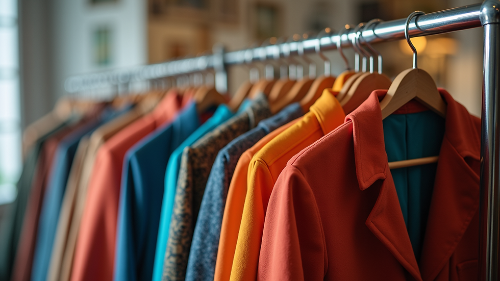 Eye-level view of a clothing rack with colorful upcycled jackets