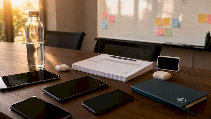 Conference room table with tablets and corporate video tools