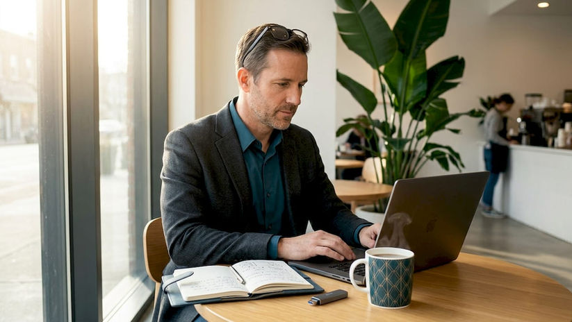 Video producer reviewing event footage at office table