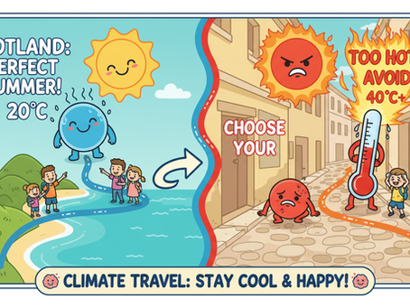cartoon picture is split down the centre. on the left a family is walking next to the sea. on the right a boy is too hot