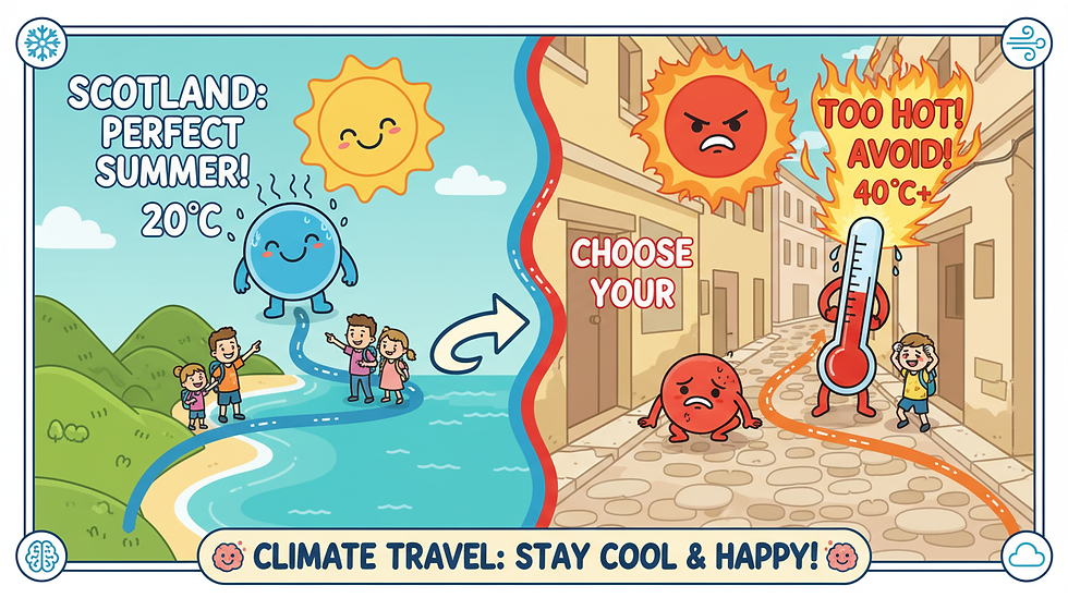 cartoon picture is split down the centre. on the left a family is walking next to the sea. on the right a boy is too hot