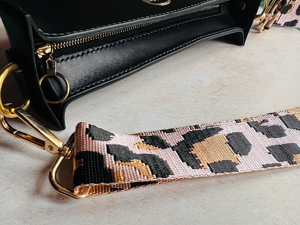 Miniatura: Black leather semicircle, crossbody bag with canvas leopard print strap