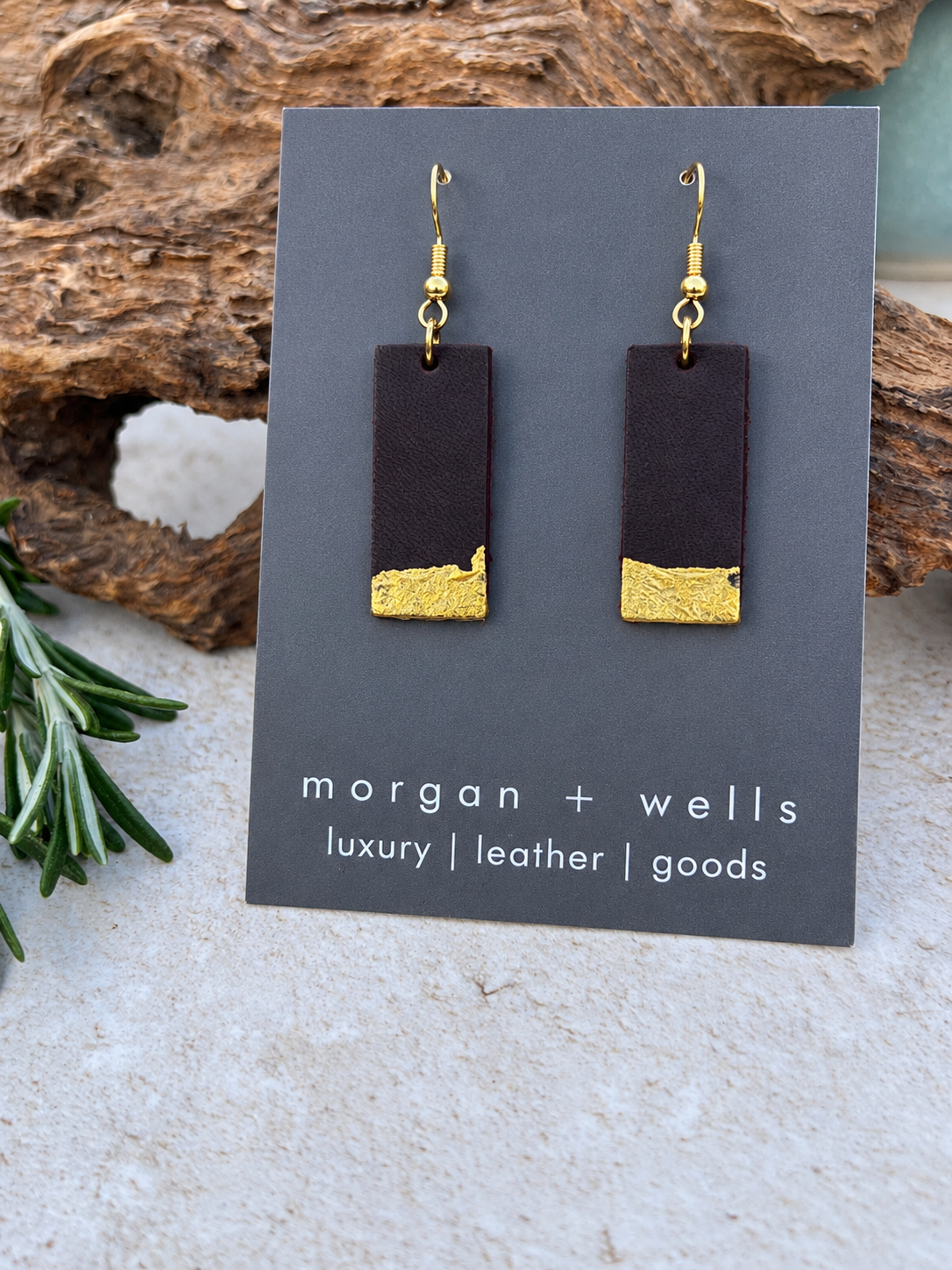 Rectangular leather earrings with gold dipped edges