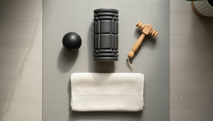 Overhead view of massage tools arranged on a soft mat at home