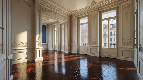 un intérieur d'appartement hausmanien avec parquet au sol et moulure.jpg