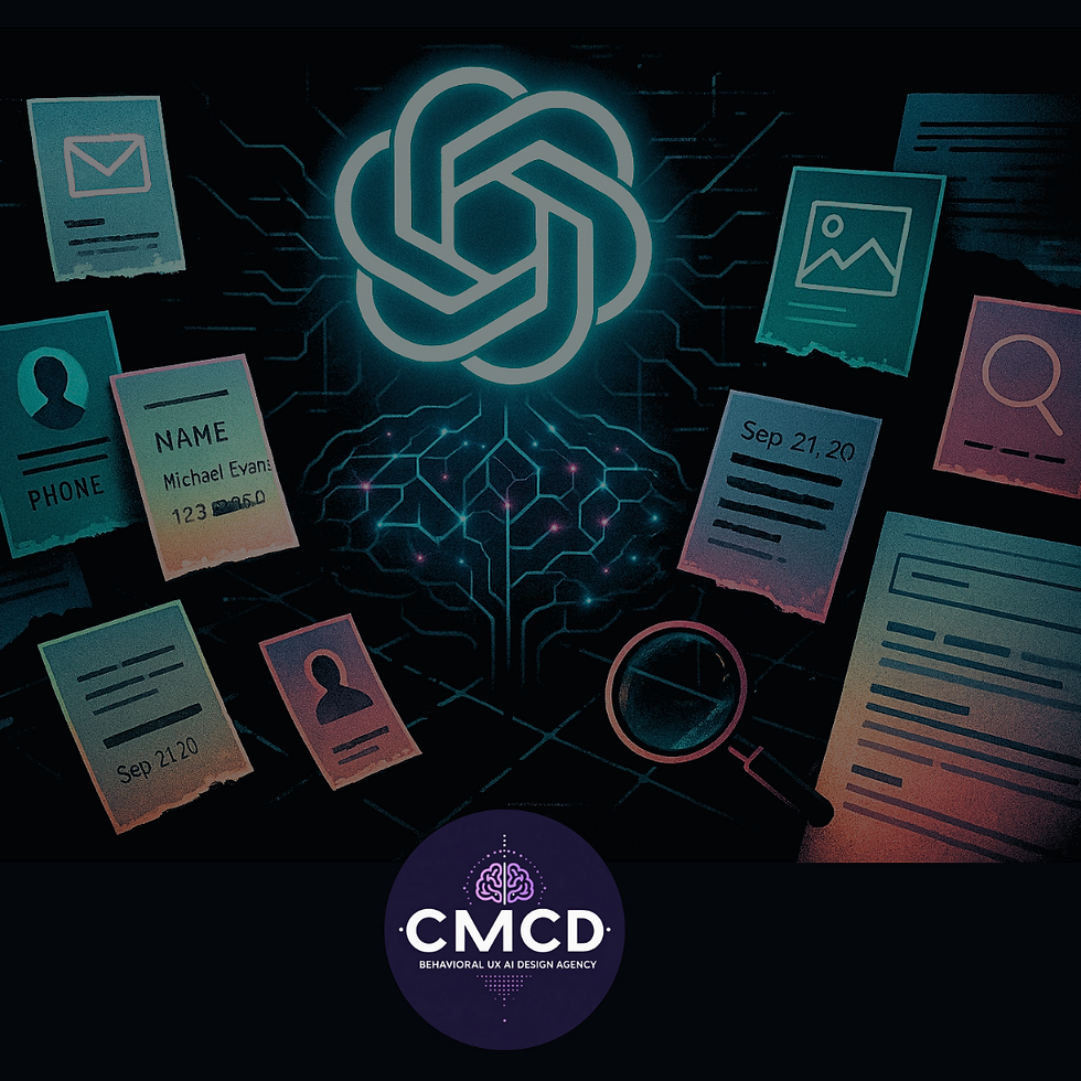 A digital illustration shows a glowing ChatGPT icon above a neural network shaped like a brain, symbolizing AI intelligence. Scattered around are floating digital documents with icons for email, photos, search, and personal profiles. Some contain visible personal details like names, phone numbers, and dates, while others are redacted or blurred. A magnifying glass highlights sensitive data, and a search engine interface appears in one corner. The color palette features dark tones with neon accents of pink, green, and amber, evoking a tech-noir, slightly dystopian atmosphere about AI memory and data privacy.