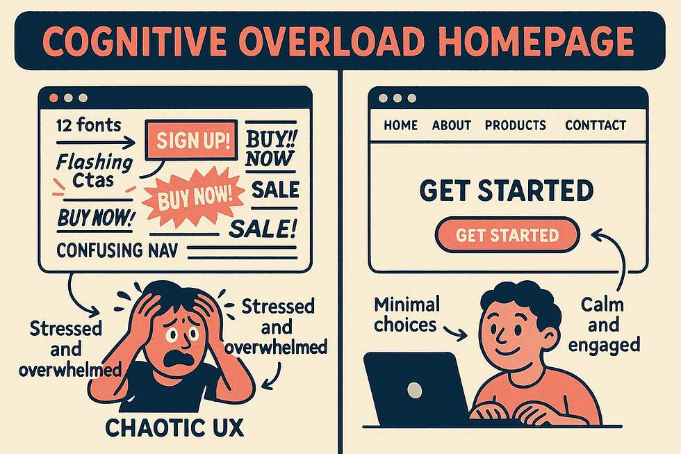 Cognitive UX overload graphic of two people one very calm and engaged the other overwhelmed.