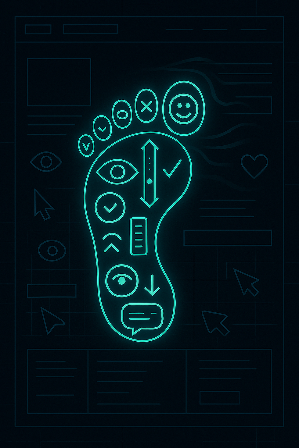 A neon-style digital illustration of a glowing footprint composed of UX symbols like eyes, scrollbars, cursors, and emotion icons, traveling across a dark website wireframe. Represents user behavior and digital signal trails in a high-contrast, psychology-inspired infographic design.