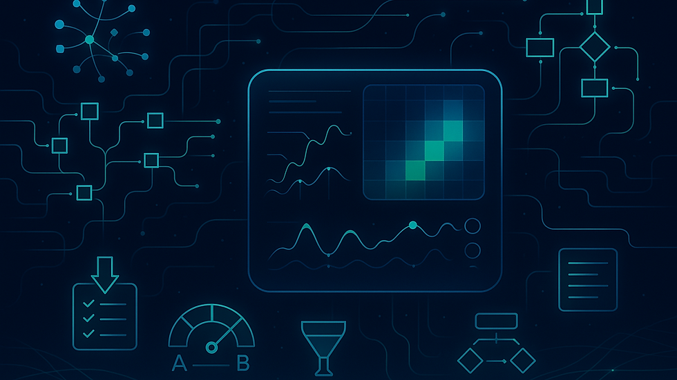 Abstract dashboard interface surrounded by data flow diagrams, charts, funnel icons, A/B testing gauge, and decision trees, representing behavioral data analysis and digital experimentation