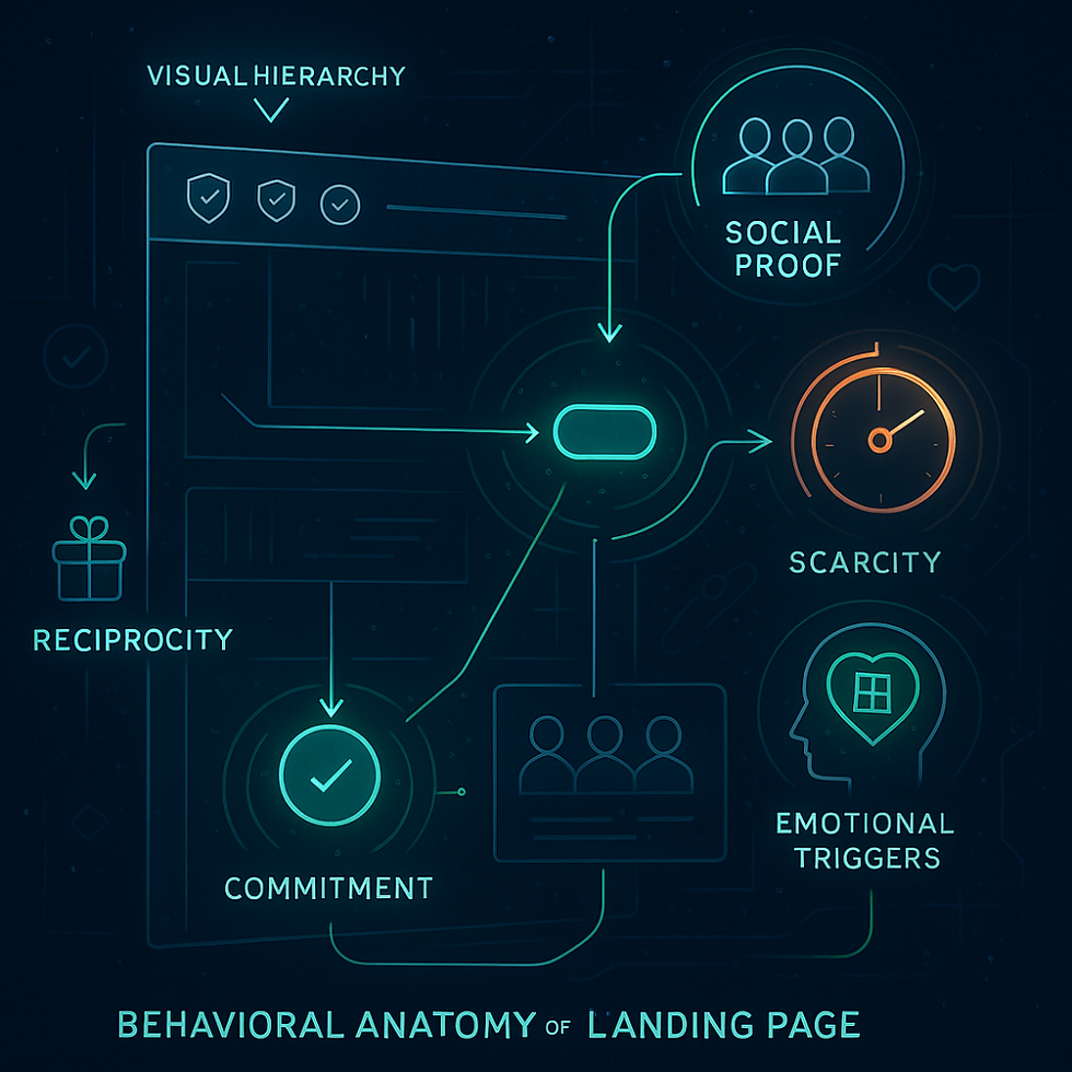 Diagram titled ‘Behavioral Anatomy of Landing Page’ showing psychological principles like visual hierarchy, social proof, scarcity, emotional triggers, commitment, and reciprocity, all influencing a central call-to-action button on a webpage.