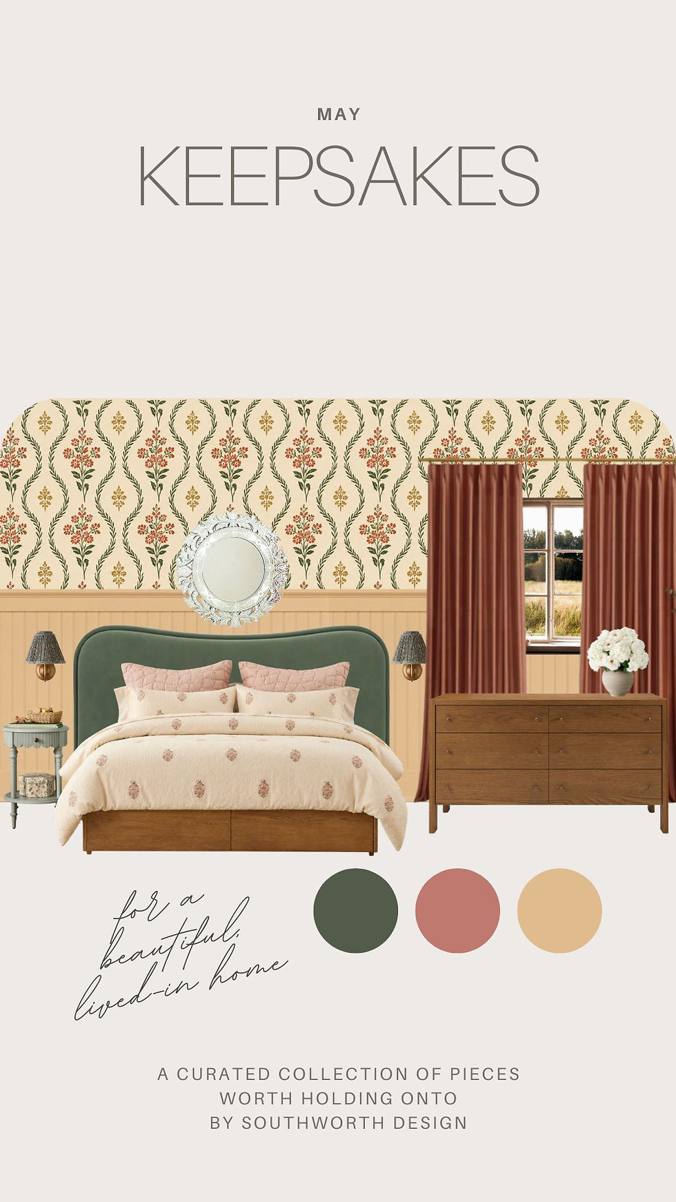 May Keepsakes bedroom mood board for a little girl to big girl room refresh featuring a green velvet headboard, smoked oak furniture, floral wall stencil, Dakota Wheat beadboard, embroidered bedding, pleated sconces, and a warm cottage inspired color palette.