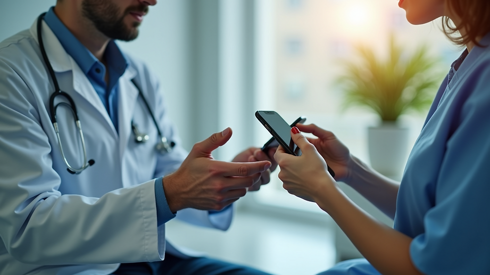 Close-up view of a healthcare professional discussing telehealth options with a patient