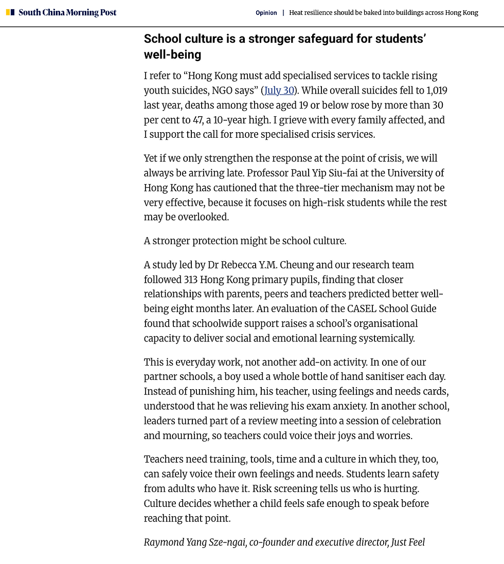SCMP Letters | School culture is a stronger safeguard for students’ well-being