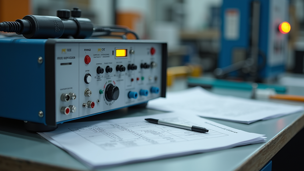 Eye-level view of a PAT testing manual and equipment on a workbench