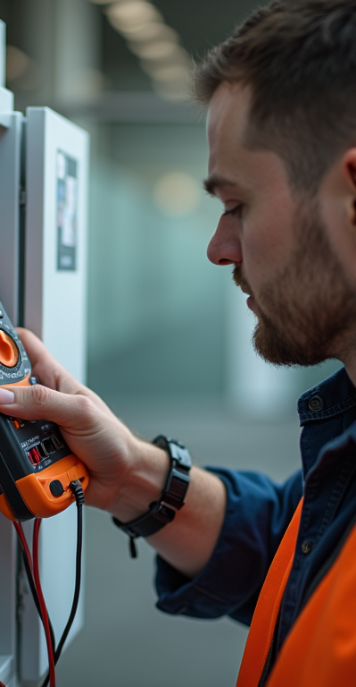 Electrician-performing-pat-test-on-appliance-with-meter-in-london-office-setting-professio