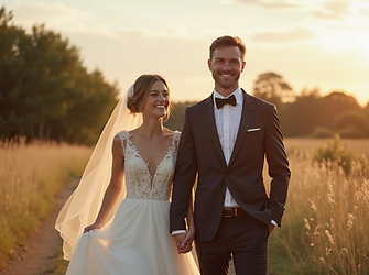 Newlywed couple walking hand-in-hand at sunset