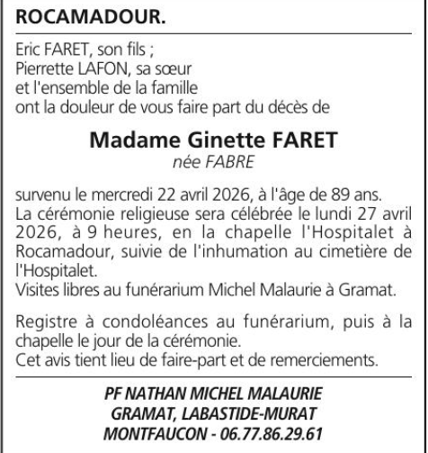 Ginette FARET nous a quittés