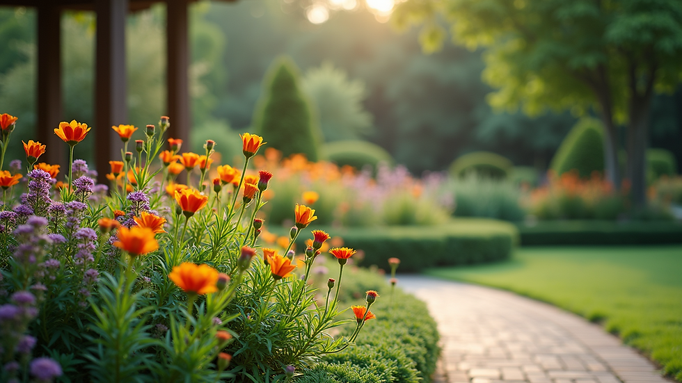 Eye-level view of a tranquil outdoor space with lush greenery