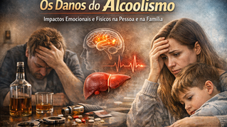 Homem com dependência de álcool e família afetada emocionalmente, com representação do cérebro e fígado danificados pelo alcoolismo