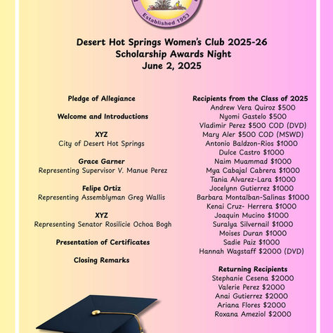 Noche de Entrega de Becas del Club de Mujeres de Desert Hot Springs 2025-26
