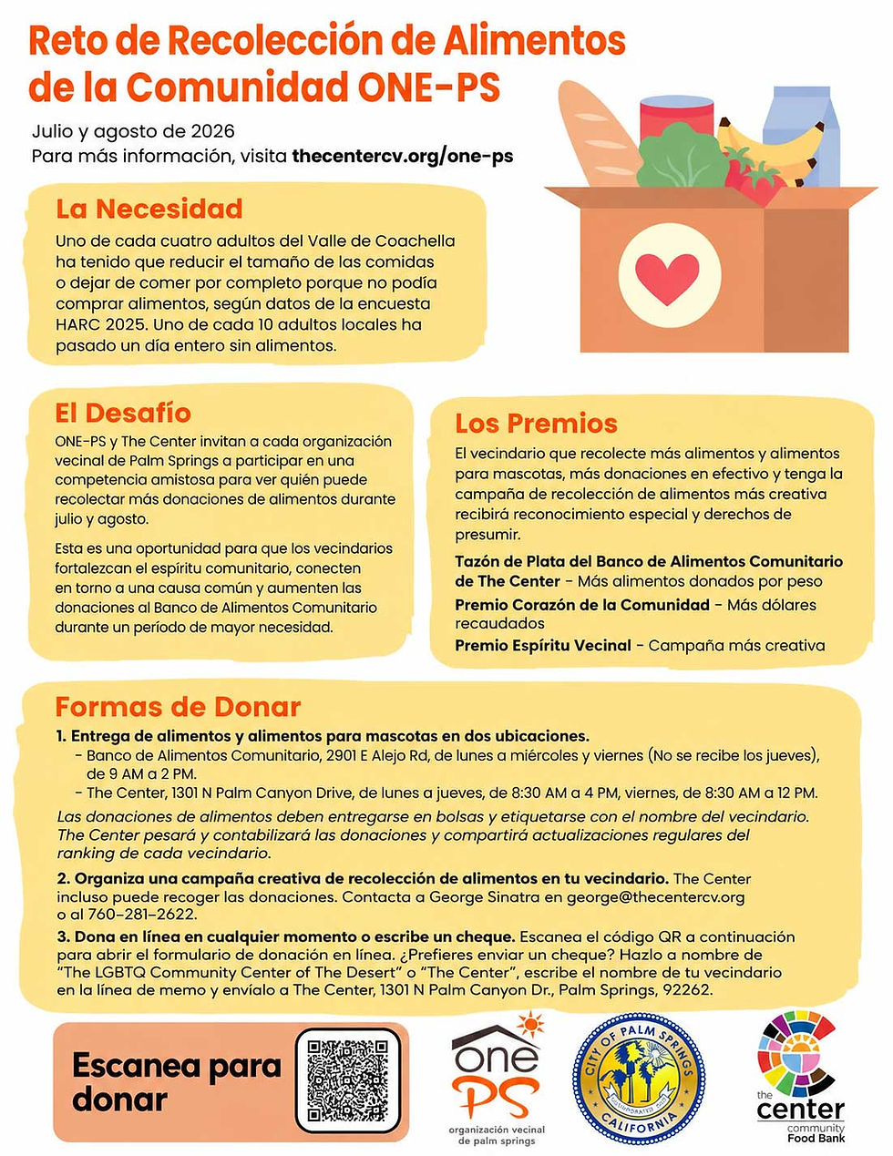 Cartel en español del reto de recolección de alimentos ONE-PS, con caja de víveres, secciones de necesidad, premios, donar y código QR.