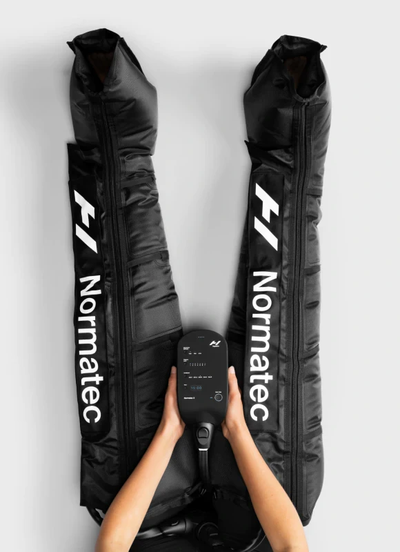 Normatec compression hip attachment with digital controller.