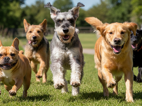 A golden retriever with his friends running through a park
