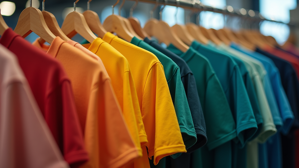 Eye-level view of a colorful display of trendy T-shirts on a clothing rack