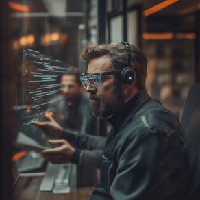 Homem com óculos futuristas e auriculares, olhando para um ecrã digital translúcido com código ou texto refletido nas lentes. O ambiente é tecnológico e moderno, com iluminação ambiente suave e quente, sugerindo concentração e um contexto avançado de trabalho ou investigação tecnológica.