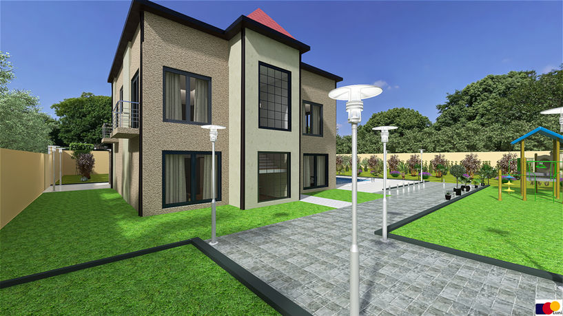 Two-story private house exterior with landscaped garden, pathways and children's play area in Kutaisi