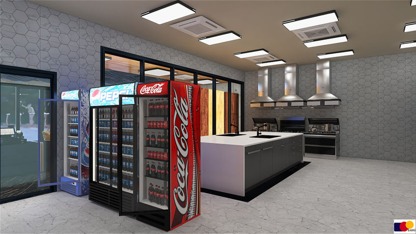 Modern bakery interior design with professional kitchen and central work island