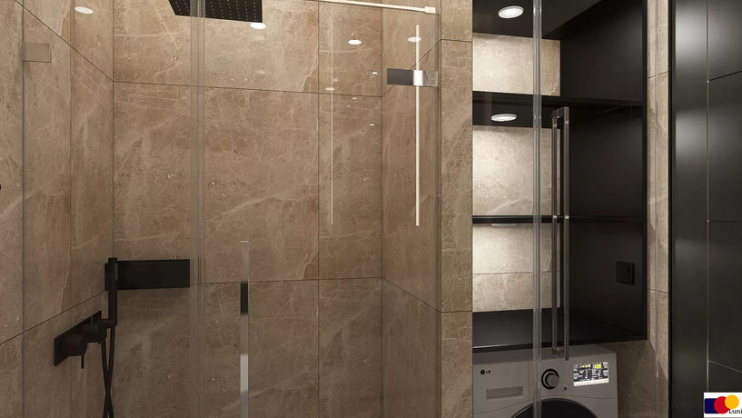 Compact bathroom with walk-in shower and integrated laundry area in Vazisubani apartment, Tbilisi