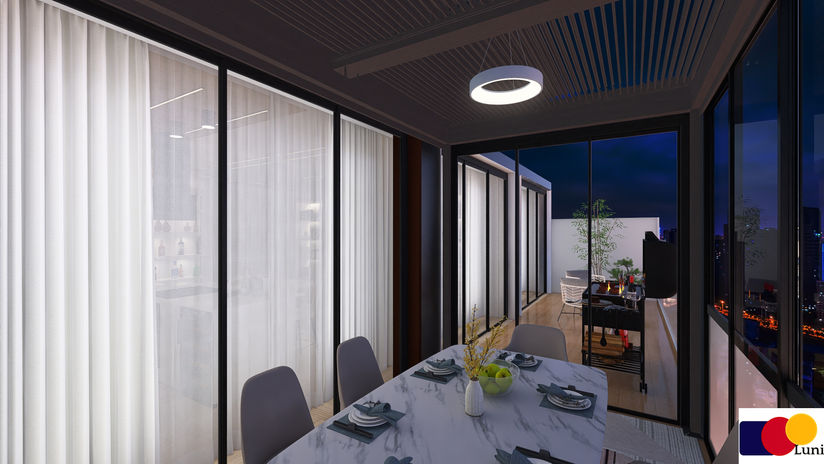 Contemporary pergola with outdoor dining area, marble table, barbecue kitchen, panoramic terrace, and modern residential design by Luni.