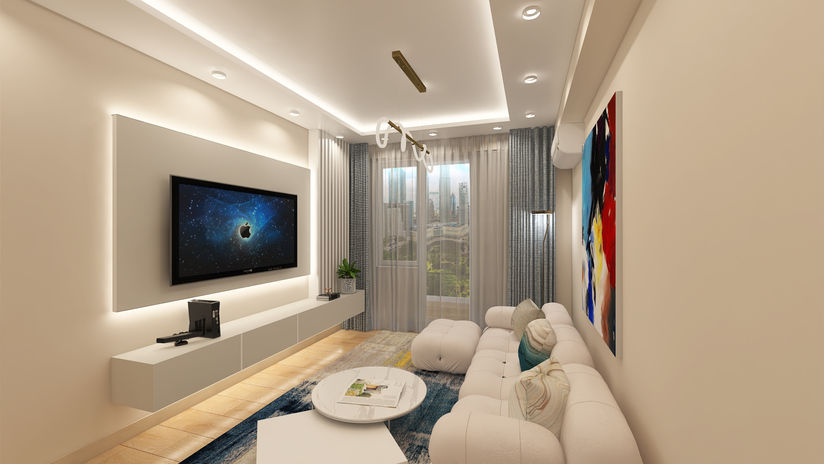 Contemporary living room with illuminated TV feature wall, custom floating cabinet, large windows, modern furniture, and interior design by Luni.