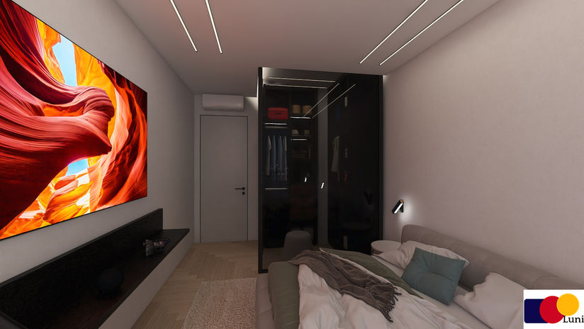 Contemporary guest bedroom with custom wardrobe, upholstered bed, minimalist lighting, and modern interior design by Luni.